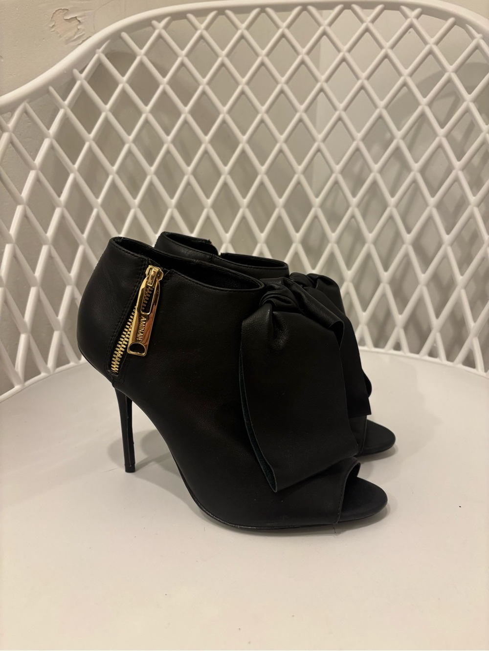 Aminah Abdul Jillil Black Peep-Toe Bow Ankle Heels with Gold Zip Accent